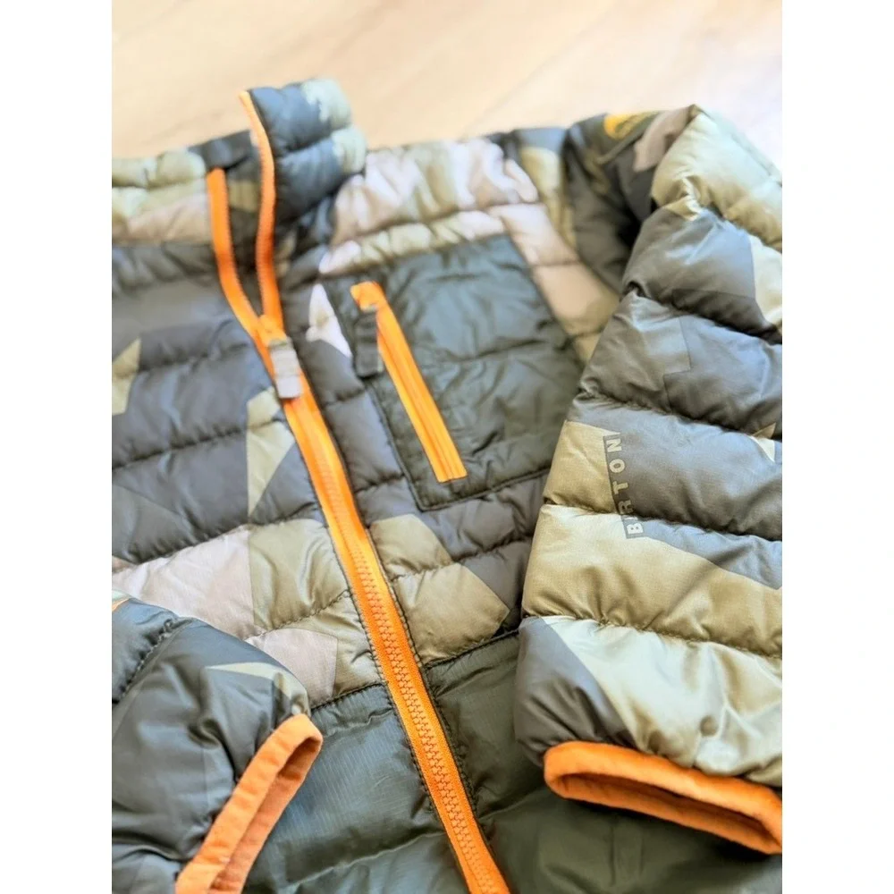 Burton Kids Geometric Camo Puffer Jacket Green Orange Zip Size S 7/8